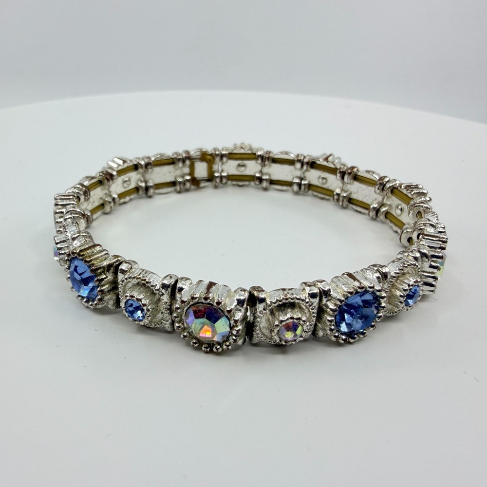 Vintage Y2K Silver Blue Rhinestone Aurora Borealis Panel Stretch Bracelet